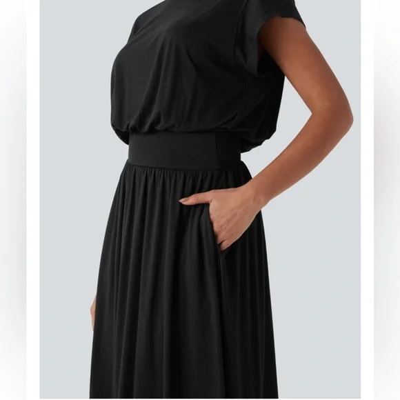 NWT Halara ($94.95) Black Tummy Control Batwing Flowy Midi Work Dress w/ Pockets - Picture 3 of 11